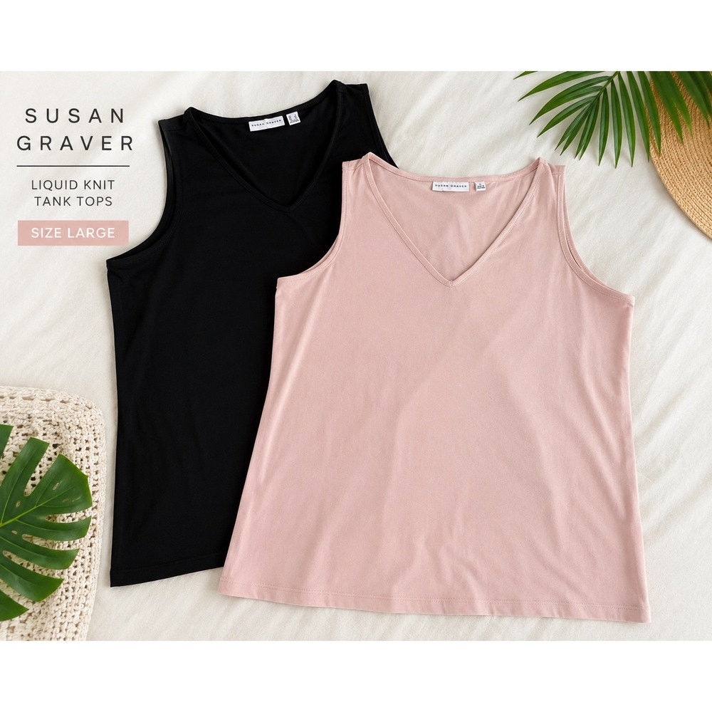 Susan Graver Liquid Knit Tank Top Lot 2 Large Pink Black V Neck Stretch Layering